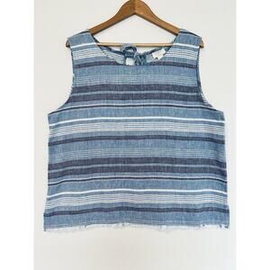 LOFT Lounge Blue Striped Linen Top Sz XL Sleeveless Frayed Hem Boho